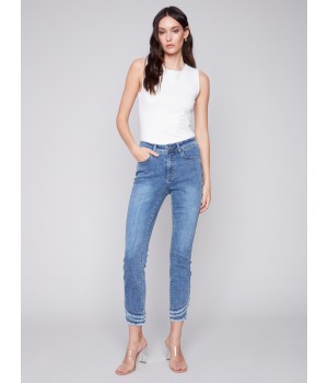 Frayed Hem Denim Pants - Medium Blue