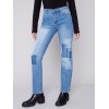 Straight Leg Jeans with Trompe L'Oeil Patch Detail - Medium Blue