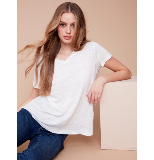 V-Neck Linen T-Shirt - Natural