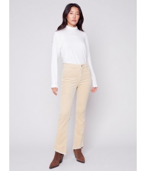 Bootcut Corduroy Pants with Asymmetrical Fringed Hem - Natural