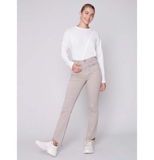 Bootcut Twill Pants with Asymmetrical Fringed Hem - Almond