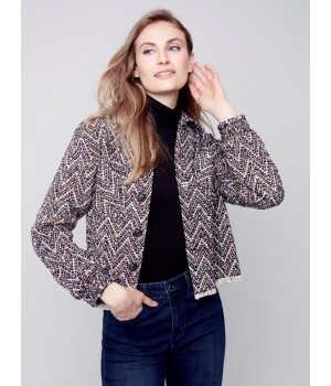 Chevron Tweed Short Jacket - Navy