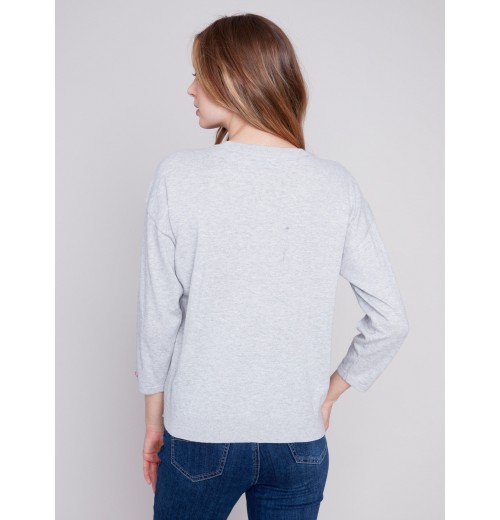 Cotton Sweater with Heart Patches - Grey