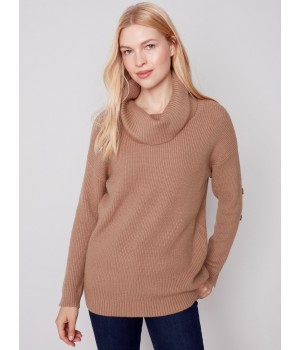 Cowl Neck Sweater with Button Detail - Truffle