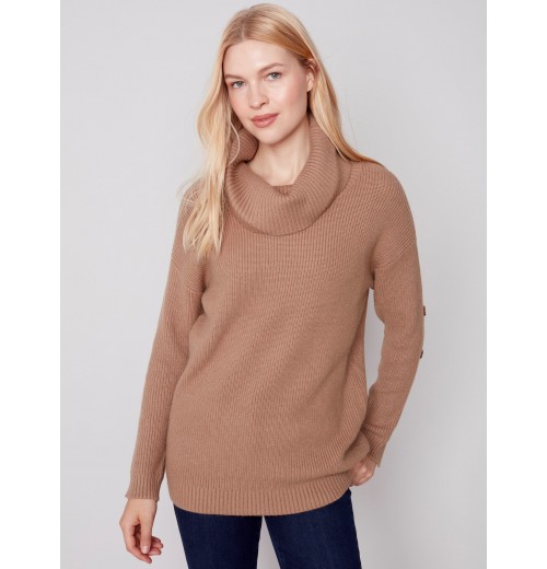 Cowl Neck Sweater with Button Detail - Truffle