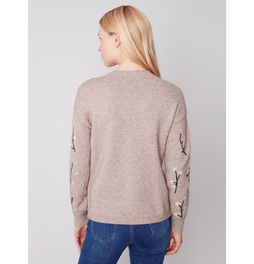 Embroidered Round Neck Sweater - Almond