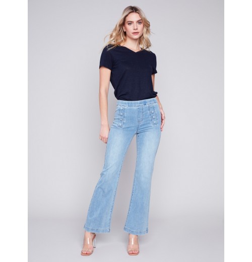 Flare Jeans with Decorative Buttons - Light Blue