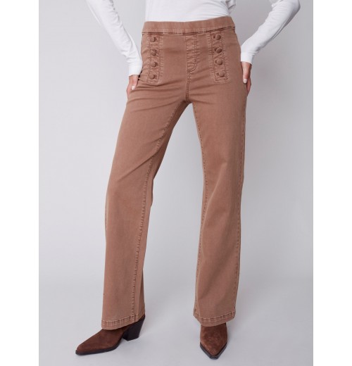 Flare Pull-on Jeans with Decorative Buttons - Truffle