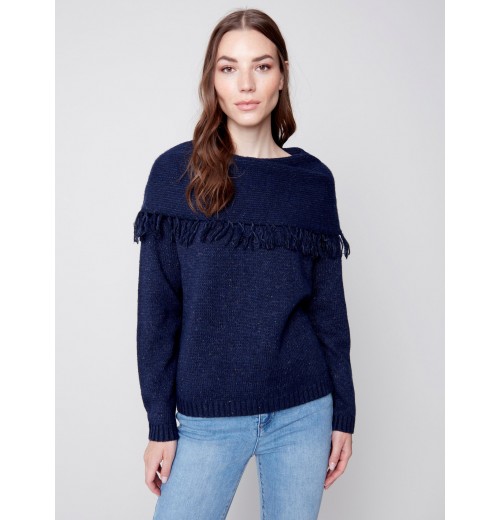 Fringed Cowl Neck Sweater - Denim