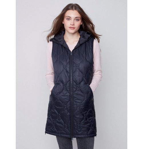 Long Quilted Puffer Vest with Hood - Black