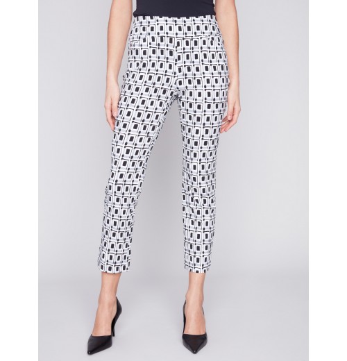 Printed Capri Pants with Hem Slit - Checker