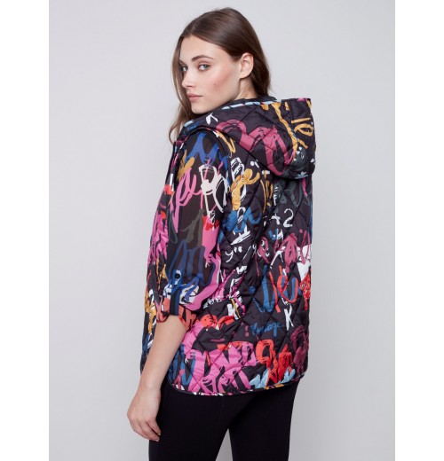 Printed Quilted Puffer Vest with Hood - Graffiti