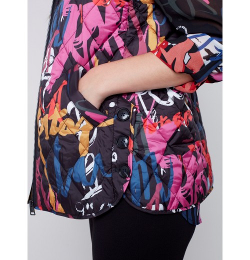 Printed Quilted Puffer Vest with Hood - Graffiti