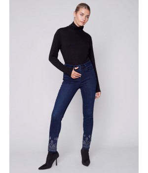 Slim Leg Jeans with Geometric Embroidery - Blue Black