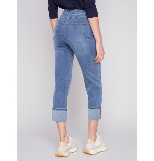 Straight Leg Jeans with Folded Cuff - Medium Blue