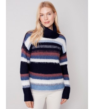 Striped Cowl Neck Sweater - Navy