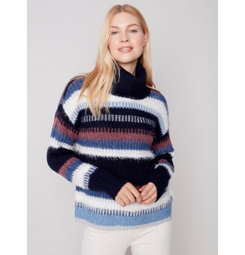 Striped Cowl Neck Sweater - Navy