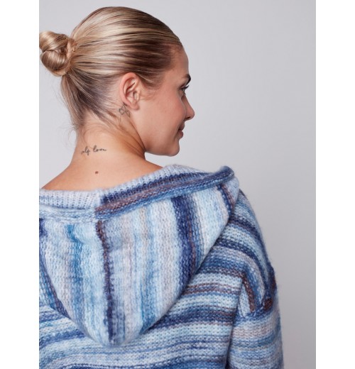 Striped Hooded Sweater with Kangaroo Pocket - Denim