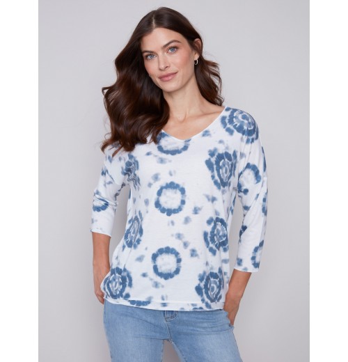 Tie Dye V-Neck Knit Top - Indigo