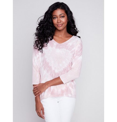 Tie Dye V-Neck Knit Top - Dusty Rose