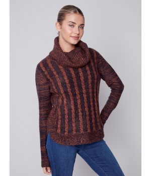 Two-Toned Cable Knit Cowl Neck Sweater - Cinnamon