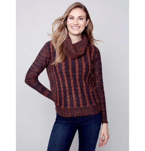 Two-Toned Cable Knit Cowl Neck Sweater - Cinnamon