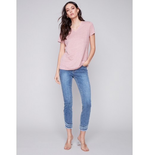 V-Neck Linen T-Shirt - Dusty Rose