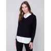 V-Neck Sweater with Shirt Collar - Black