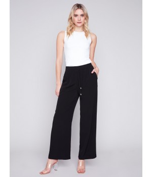 Wide Leg Pants with Drawstring - Black