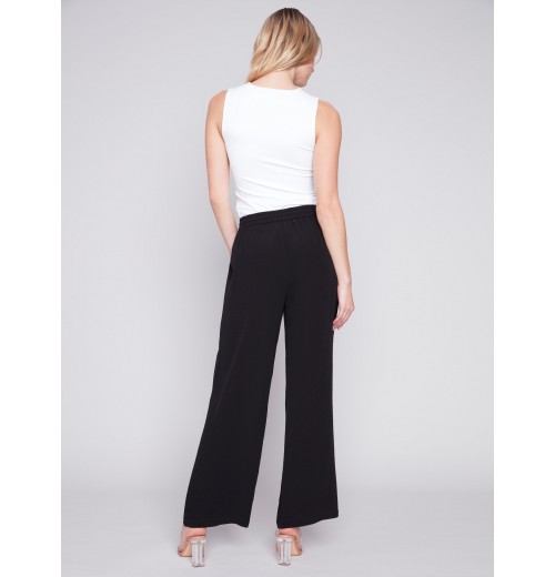 Wide Leg Pants with Drawstring - Black